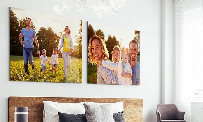 family photo acrylic prints above the bed