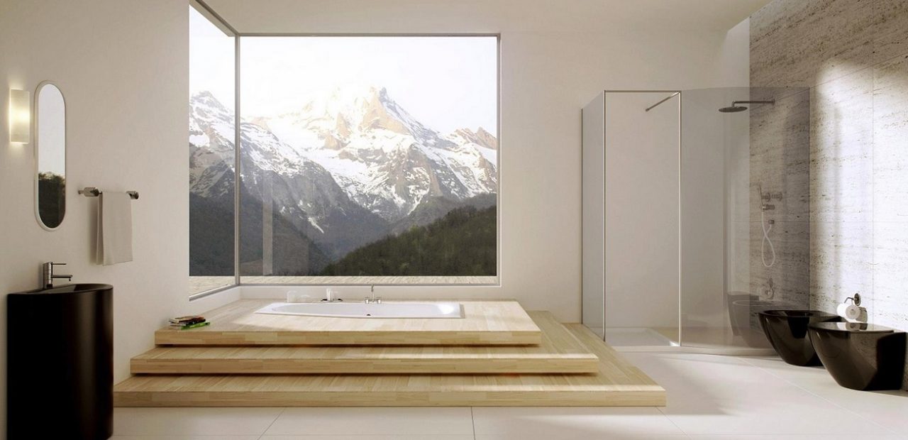 picture of a lux bathroom supplies with a view in the mountains