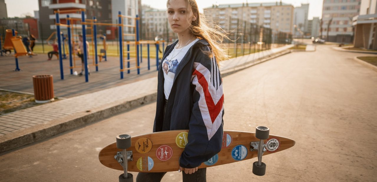 picture of a girl holding a skateboard standing on a road near buildings