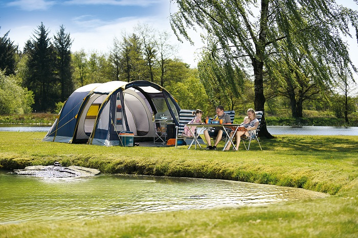 family camping near a lake with Inflatable tent 