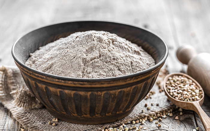 bowl of organic buckwheat flour 