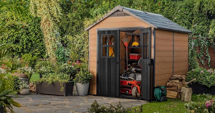 plastic garden shed with tools 
