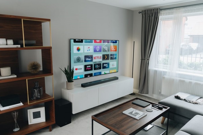 picture of a living room with a smart large screen 
