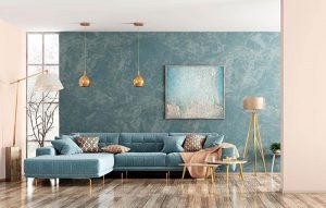 living room with blue accent wall decor and acrylic photo print