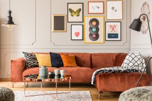 cozy living room with a lot of wall art prints