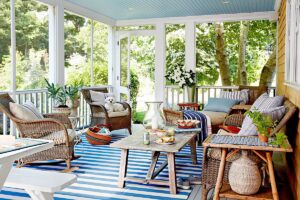 unique patio with wooden furniture