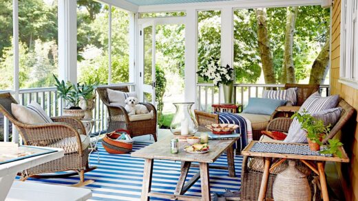 unique patio with wooden furniture