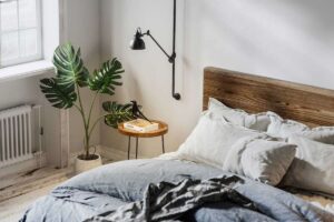 comfortable bed and unique decor in bedroom