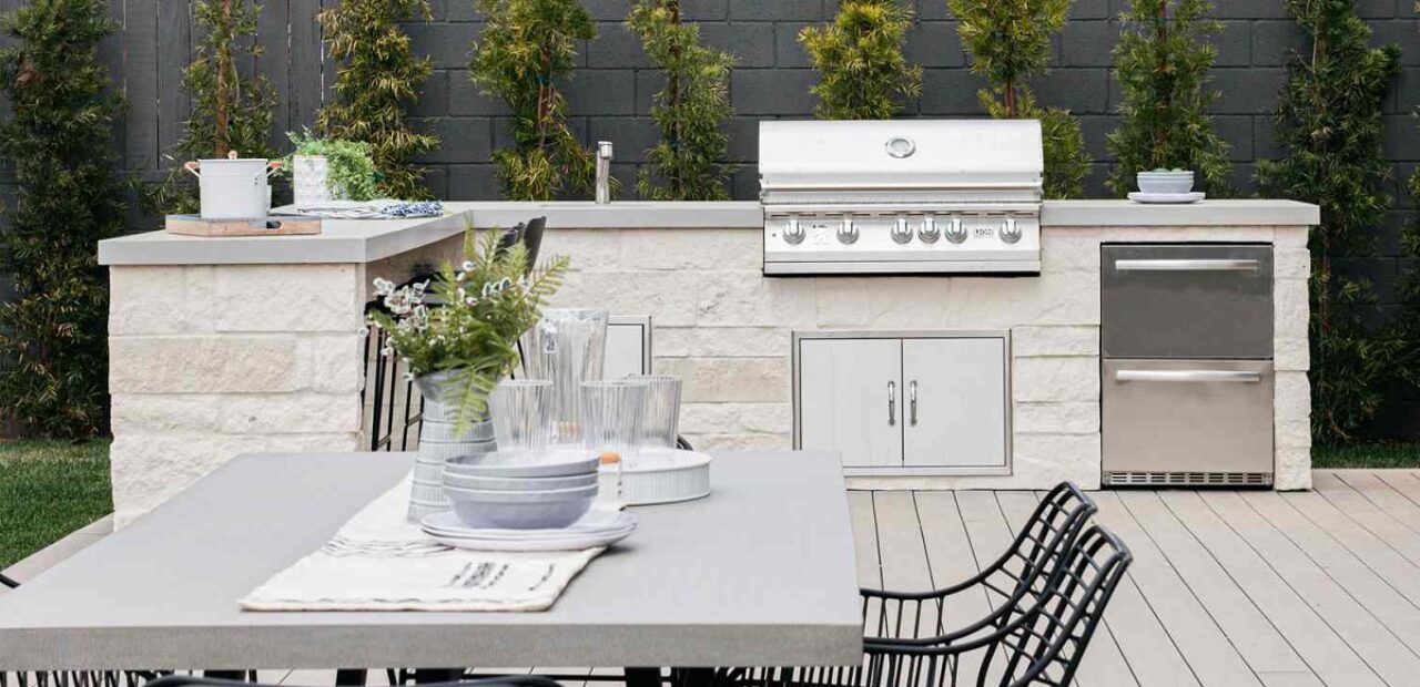 decorated outdoor table and kitchen with accessories