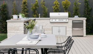 decorated outdoor table and kitchen with accessories