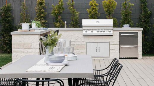 decorated outdoor table and kitchen with accessories