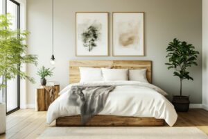 bedroom with art and plants